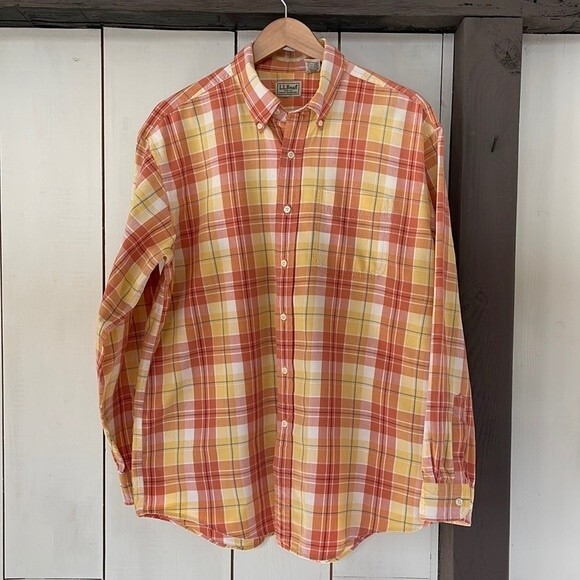 VTG LL Bean Long Sleeve Button-Up Plaid Shirt L Hong Kong Prep Western Fisherman - Picture 1 of 6